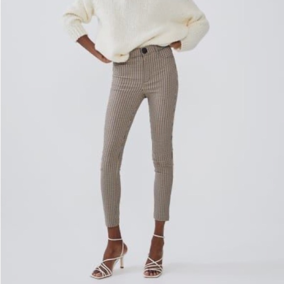 Zara Houndstooth High Rise Tan Jeggings sz M - Picture 1 of 11